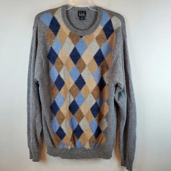 Jos A Bank Argyle Lambs Wool Sweater Size XL Mens Gray Crew Neck Knit - Picture 2 of 7